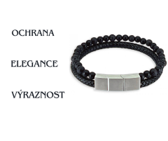 Pánský ochranný náramek - Kůže, Láva, Onyx (nerezová ocel s magnetickým zapínáním)