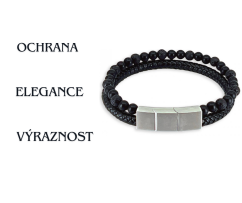 Pánský ochranný náramek - Kůže, Láva, Onyx (nerezová ocel s magnetickým zapínáním)